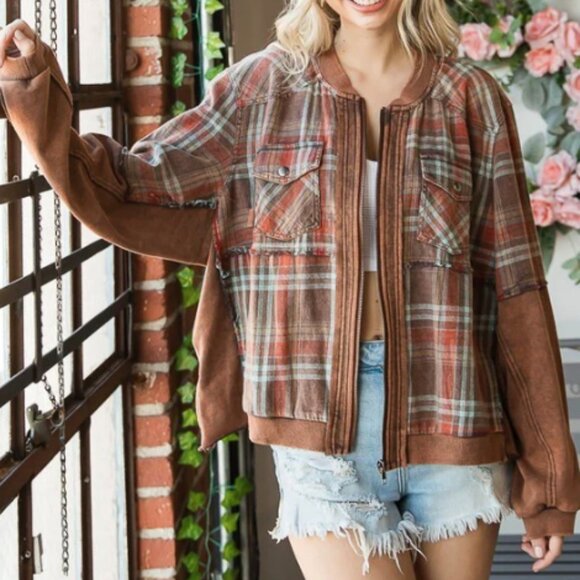 OLI & HALI BROWN PLAID MIX MEDIA DISTRESSED PLAID ZIP JACKET - Picture 1 of 7
